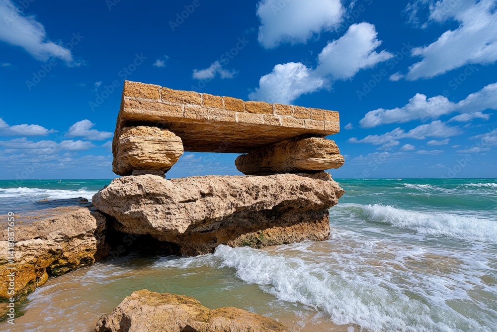 An ancient stone fort standing on a rocky cliff, overlooking the crashing waves of the ocean