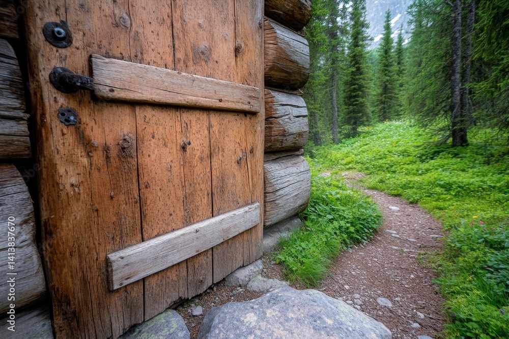 An eerie abandoned log cabin deep in the woods, with broken windows and claw marks on the door