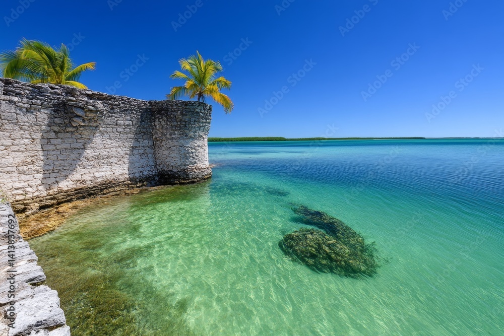 An old pirate fort on a tropical island, with stone ramparts and hidden tunnels leading to buried treasure