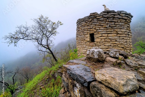 Obraz na płótnie An ancient fortress in ruins, covered in creeping vines and haunted by spectral warriors w salonie