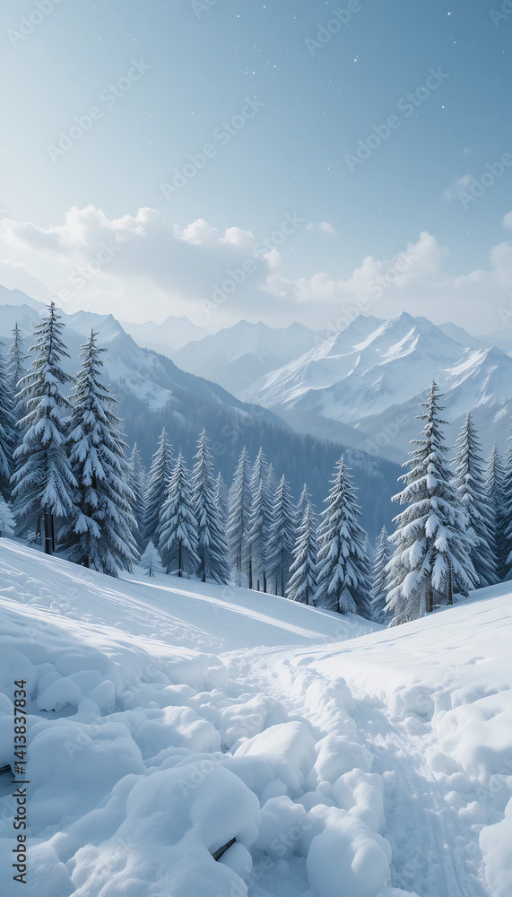 Obraz premium Serene snow covered mountain path glows softly under bright winter sunlight. AI Generated