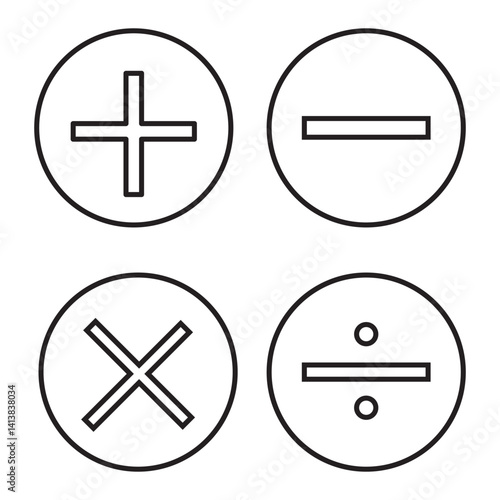 Set of Math icons. Colorful variety arithmetic plus, minus, equal, multiply and divide signs isolated on white background. Vector design elements.