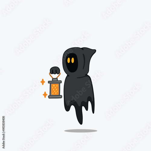Cute Cartoon Ghost Holding Lantern Vector Illustration