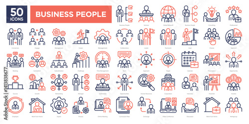 Business people icons collection set, covering teamwork, leadership, networking, meetings, and career development. Ideal for corporate materials, HR tools, and professional presentations.
