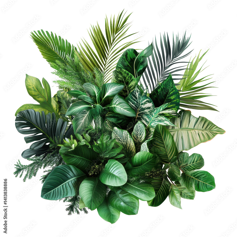 Fototapeta premium Tropical plant arrangement offers vibrant decor for home or office spaces in a modern design, Tropical plant arrangement decoration isolated on Transparent background