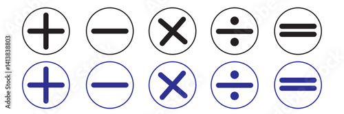 Set of Math icons. Colorful variety arithmetic plus, minus, equal, multiply and divide signs isolated on white background. Vector design elements.