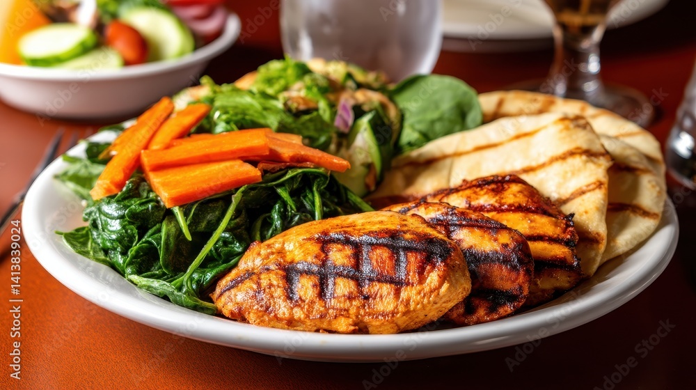 Grilled chicken with vibrant salad and pita bread served on a restaurant table setting Grilled chicken with vibrant salad and pita bread served on a restaurant table setting