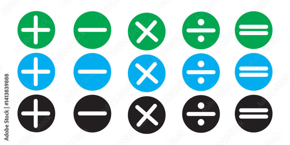 Set of Math icons. Colorful variety arithmetic plus, minus, equal, multiply and divide signs isolated on white background. Vector design elements. Set of Math icons. Colorful variety arithmetic plus, minus, equal, multiply and divide signs isolated on white background. Vector design elements.