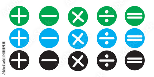 Set of Math icons. Colorful variety arithmetic plus, minus, equal, multiply and divide signs isolated on white background. Vector design elements.