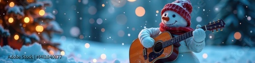 Frosty snowman plays acoustic guitar under soft snow-stage lights ,  image,  magical,  cheerful