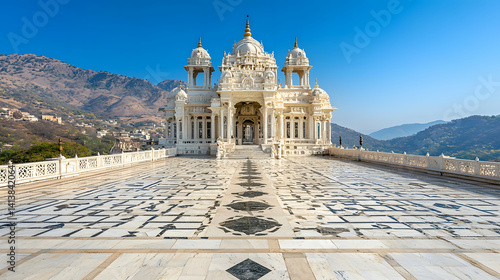White Marble Temple on Mountain Plateau under Clear Blue Sky