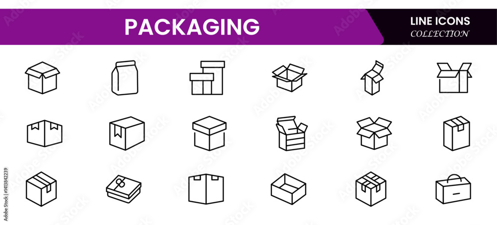 Package box line icon vector set. Containing open cardboard, fast delivery box, container, parcel protection, storage, good packing, fragile, wrapped, offer, processed, product shipping, merchandise Package box line icon vector set. Containing open cardboard, fast delivery box, container, parcel protection, storage, good packing, fragile, wrapped, offer, processed, product shipping, merchandise