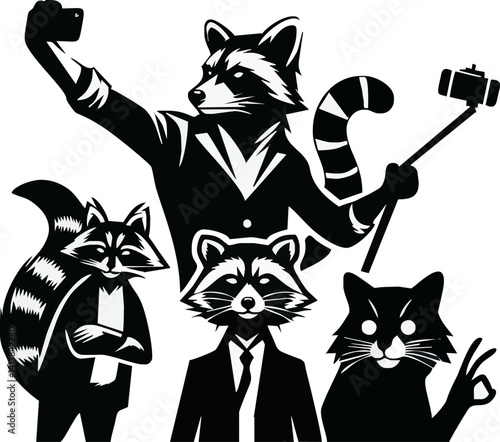 Funny Set of Black and White Cats in a Cute Cartoon Style