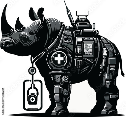 Mechanical rhino, cyberpunk animal, steampunk creature, armored rhinoceros, medical cross symbol, industrial design, black and white illustration, gears and machinery, robotic enhancements, futuristic