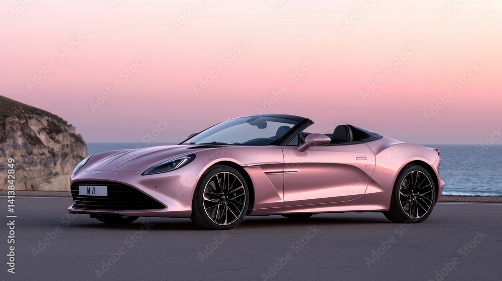 Pink convertible sports car on a coastal road Pink convertible sports car on a coastal road
