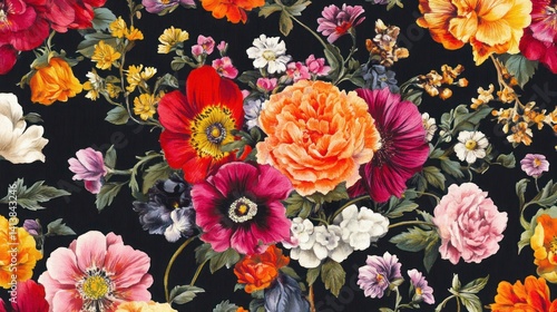 an opulent floral arrangement on a deep black backdrop showcasing a vibrant tapestry of nature's artistry and diverse botanical specimens in full bloom conveying beauty