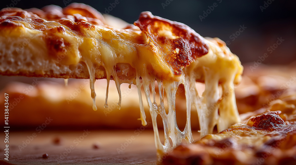 Nahaufnahme eines Pizzastücks mit geschmolzenem Käse, der in langen Fäden gezogen wird, auf dunklem Hintergrund