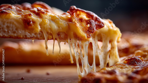 Obraz na płótnie Nahaufnahme eines Pizzastücks mit geschmolzenem Käse, der in langen Fäden gezogen wird, auf dunklem Hintergrund w salonie