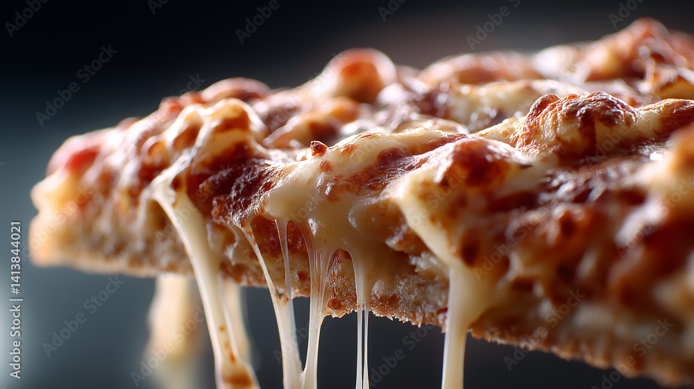 Nahaufnahme eines Pizzastücks mit geschmolzenem Käse, der in langen Fäden gezogen wird, auf dunklem Hintergrund