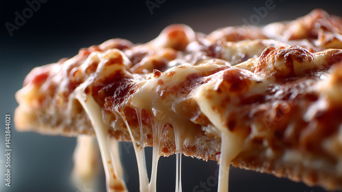 Obraz na płótnie Nahaufnahme eines Pizzastücks mit geschmolzenem Käse, der in langen Fäden gezogen wird, auf dunklem Hintergrund w salonie