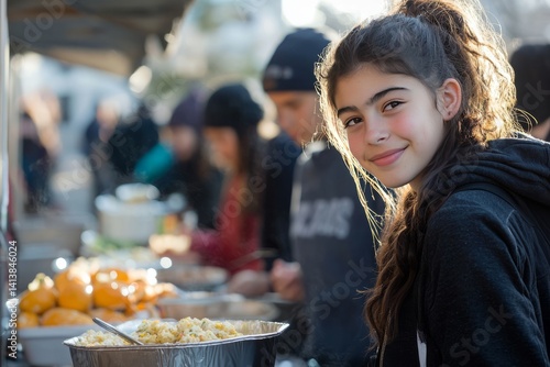 A group of teens volunteer at an Easter event for the homeless. They serve food and drinks, ensuring everyone has enough to eat. The mood is generous and inclusive