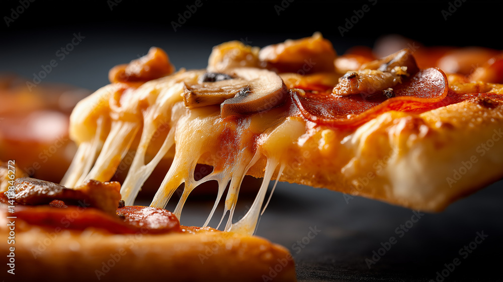 Nahaufnahme eines Pizzastücks mit geschmolzenem Käse, der in langen Fäden gezogen wird, auf dunklem Hintergrund