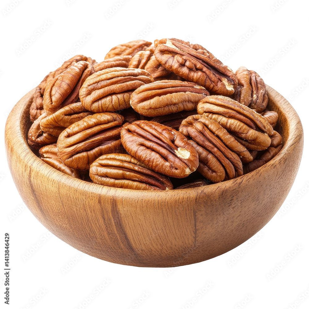 Fototapeta premium Pecans in a wooden bowl on a clean Transparent background for a fresh and natural look, Pecans in wood bowl on PNG background