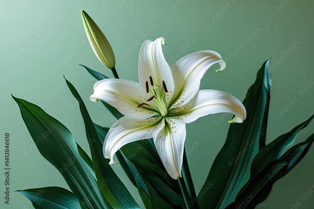 Fototapeta premium Beautiful White Lily Flower on Light Jade Green Background