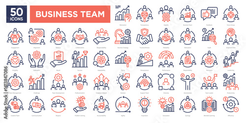 Business team icons collection set, including leadership, collaboration, motivation, and team development. Ideal for corporate presentations, HR materials, and business strategy visuals.