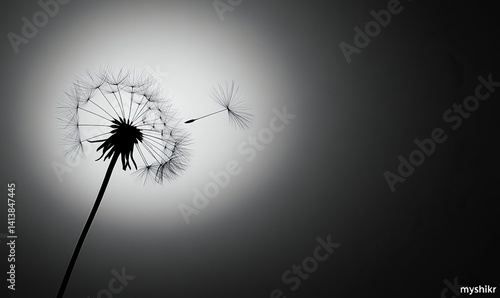 Wallpaper Mural A dandelion seed falling, close-up, black and white, backlit photography, primitivism, high resolution, macro stock photo, silhouette, shadows, simple background, with text "myshikr". Torontodigital.ca