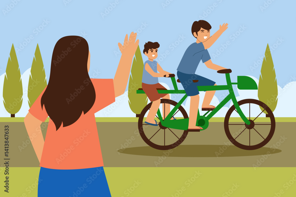 Fototapeta premium A woman waves goodbye to a father and son riding a tandem bicycle on a sunny day in the park.