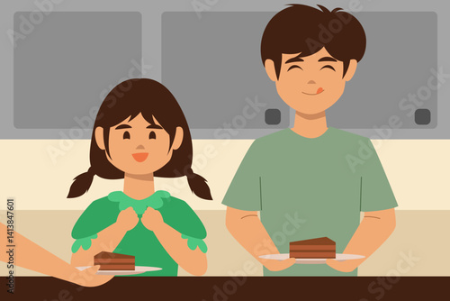 Two kids excitedly wait for a slice of chocolate cake, smiling happily in the kitchen.
