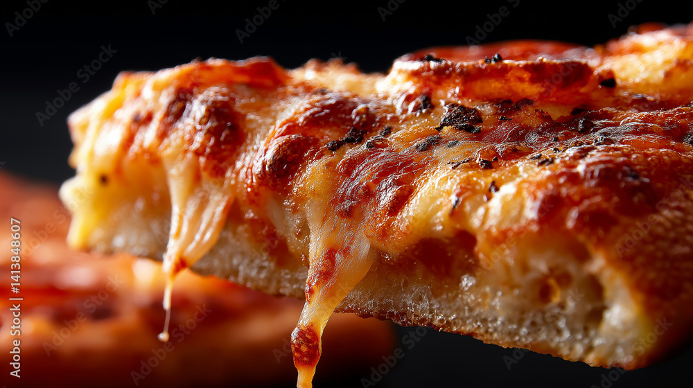 Nahaufnahme eines Pizzastücks mit geschmolzenem Käse, der in langen Fäden gezogen wird, auf dunklem Hintergrund