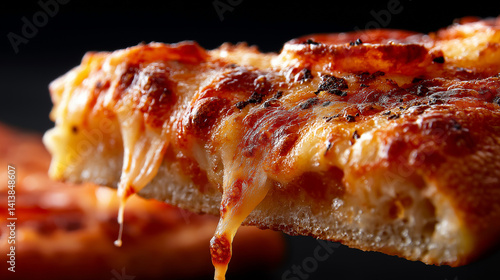 Obraz na płótnie Nahaufnahme eines Pizzastücks mit geschmolzenem Käse, der in langen Fäden gezogen wird, auf dunklem Hintergrund w salonie