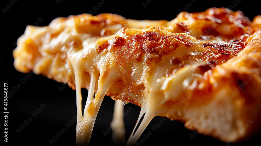 Nahaufnahme eines Pizzastücks mit geschmolzenem Käse, der in langen Fäden gezogen wird, auf dunklem Hintergrund