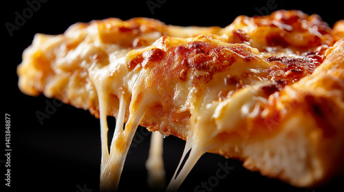 Obraz na płótnie Nahaufnahme eines Pizzastücks mit geschmolzenem Käse, der in langen Fäden gezogen wird, auf dunklem Hintergrund w salonie