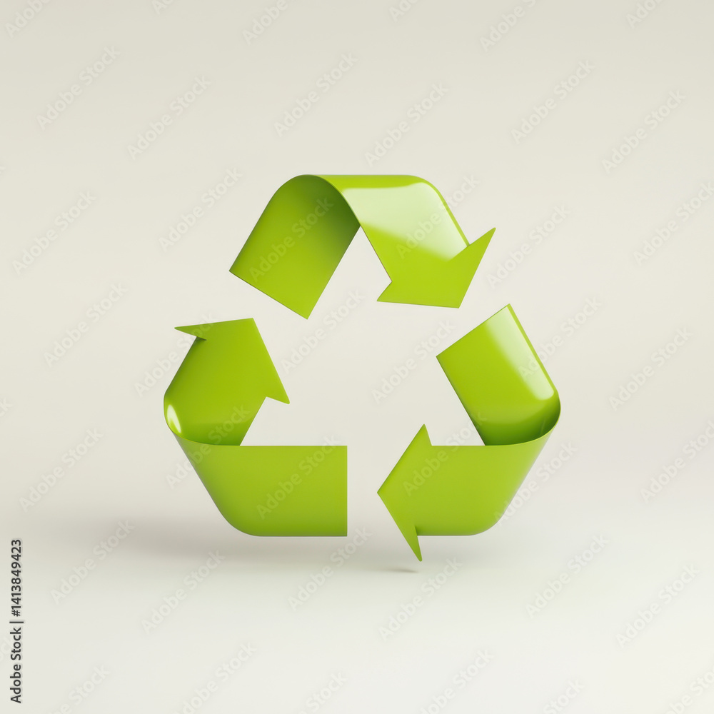 Obraz premium vibrant green recycling symbol made of smooth plastic, representing sustainability and eco friendliness. This 3D rendered icon emphasizes importance of recycling and environmental awareness