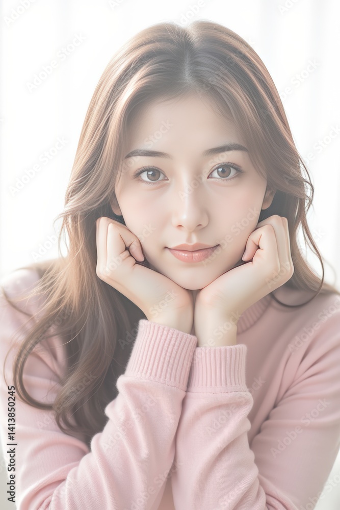 Portrait of Beautiful Asian Woman Resting Chin on Hands, Smiling at Camera, wearing pink sweater. Beauty and natural.