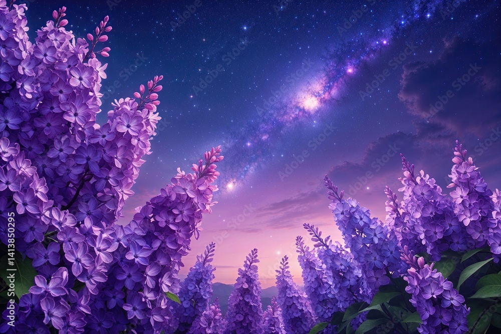 Naklejka premium Dreamy Night Sky with Violet Lilac Blossoms and Celestial Beauty