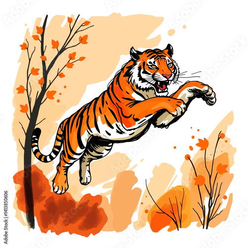 Wild roaring tiger full body vector powerful big cat predator zoology illustration isolated on white background