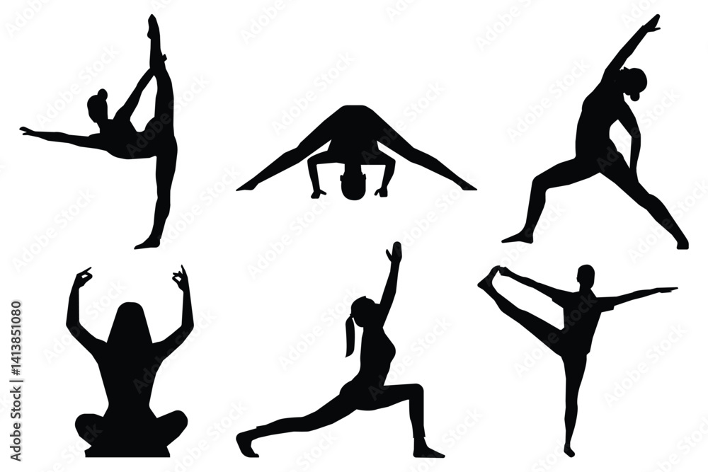 Fototapeta premium silhouettes of gymnastic poses black silhouette of asport women gymnastics girl. silhouettes of yoga pose.