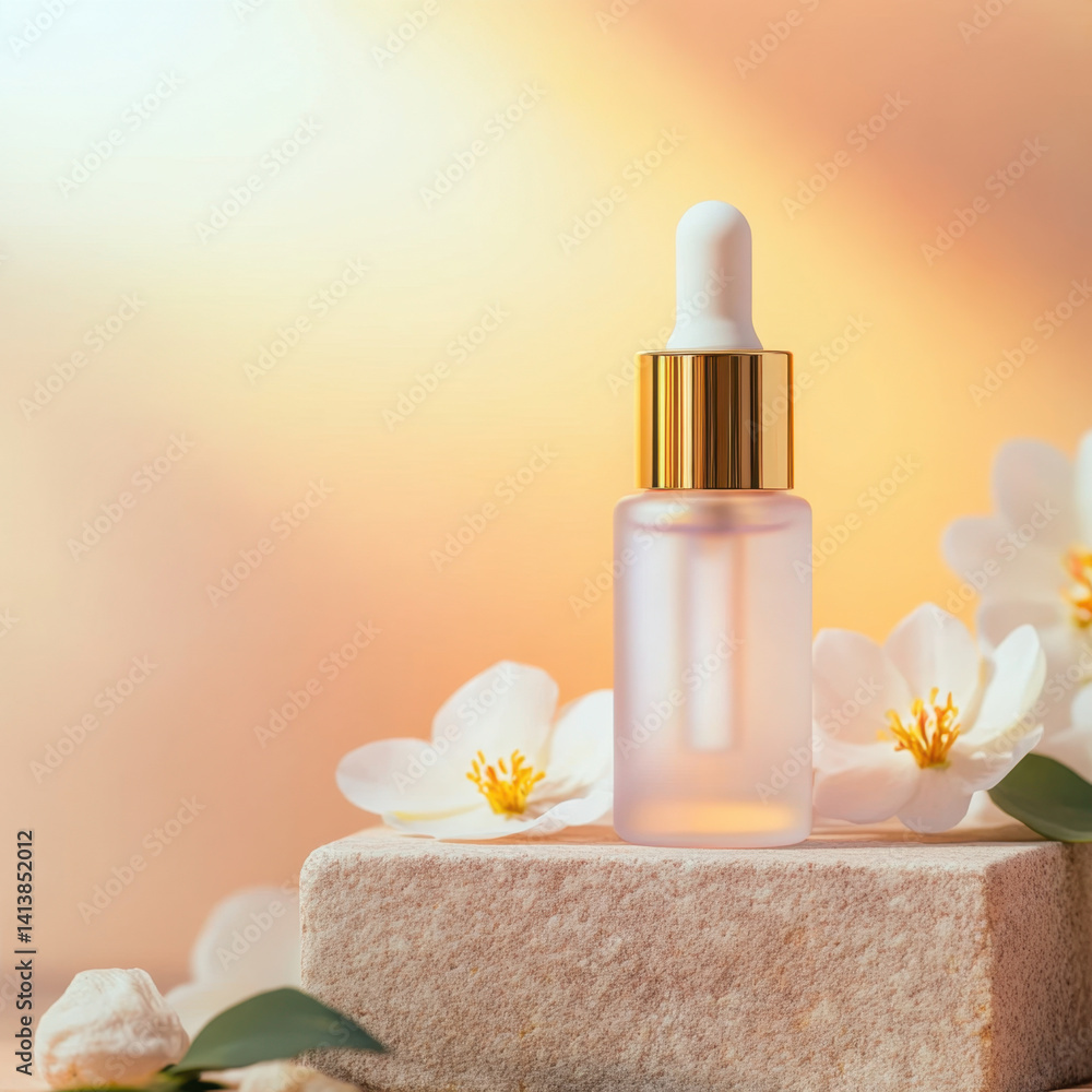 close up shot of translucent serum bottle with gold cap, surrounded by delicate white flowers and soft lighting, creating serene and elegant atmosphere close up shot of translucent serum bottle with gold cap, surrounded by delicate white flowers and soft lighting, creating serene and elegant atmosphere