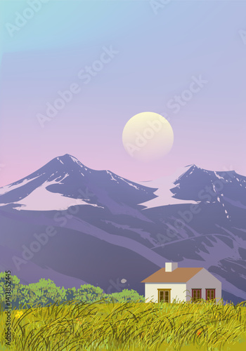 Houses on mountain green valley landscape vector illustration background. Summer season scenic view outdoor.