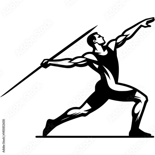Sport emblem of sport spear thrower swings holding a javelin in his hand in monochrome. Engraving minimalistic vector in black ink drawing on transparent background