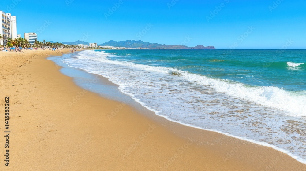 Sunny beach scene with gentle waves, hotels in the background Sunny beach scene with gentle waves, hotels in the background