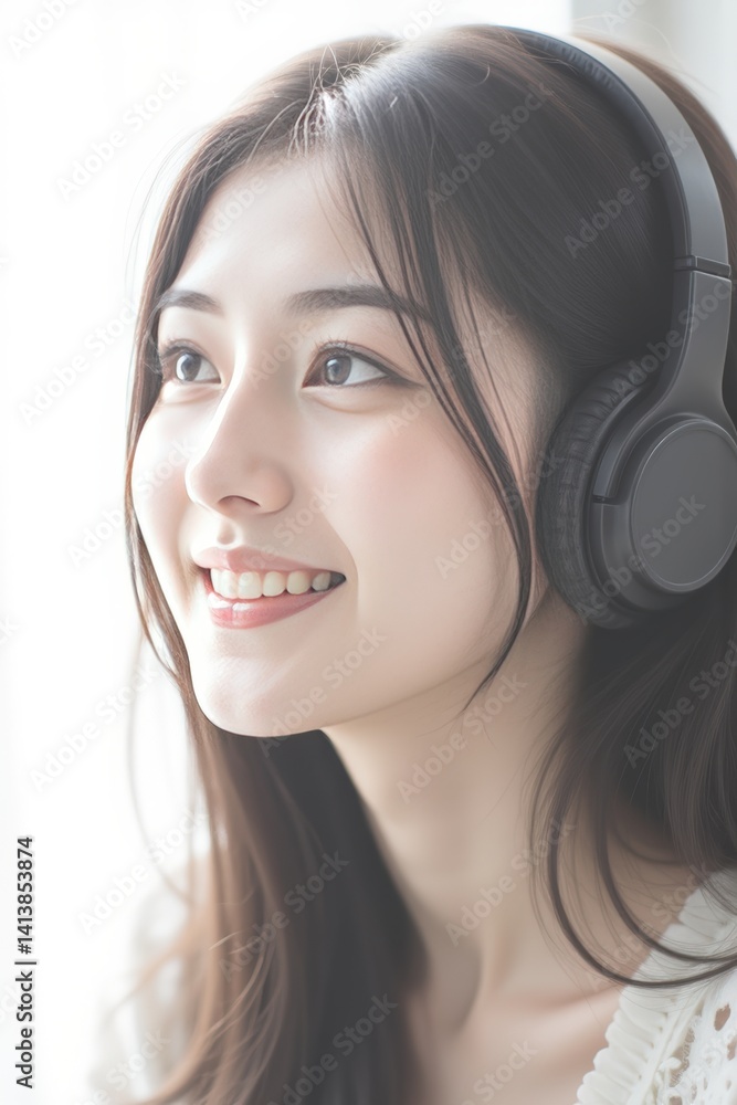 Young Asian Woman Enjoying Music with Headphones, Smiling and Looking Away, Copy Space, Leisure, Relaxation, Technology Young Asian Woman Enjoying Music with Headphones, Smiling and Looking Away, Copy Space, Leisure, Relaxation, Technology