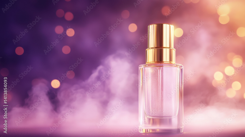 glass serum bottle with golden trim stands elegantly against dreamy background of soft bokeh lights and mist, evoking sense of luxury and beauty glass serum bottle with golden trim stands elegantly against dreamy background of soft bokeh lights and mist, evoking sense of luxury and beauty