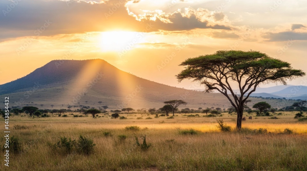 Naklejka premium African savanna landscape with expansive plains and diverse wildlife