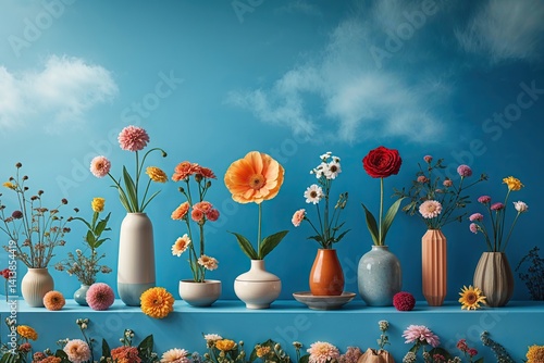 Whimsical Flower Display Against Cerulean Sky Background for Presentation Template