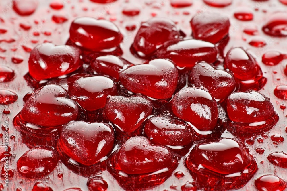 Glossy Red Heart Candies, Drops of Liquid, Valentine's Day Treats Glossy Red Heart Candies, Drops of Liquid, Valentine's Day Treats